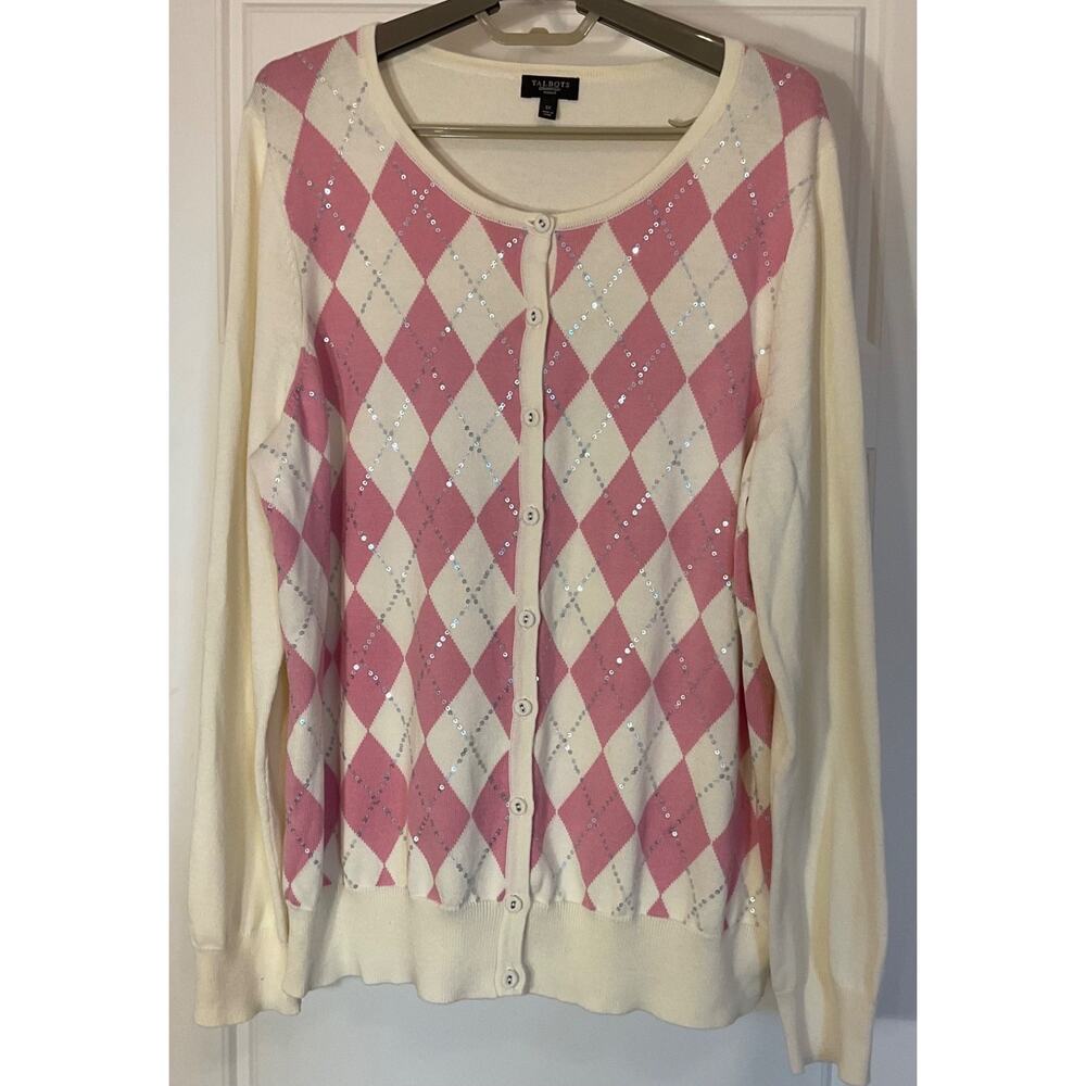 Talbots Pink and Cream Argyle Button Cardigan Sweater